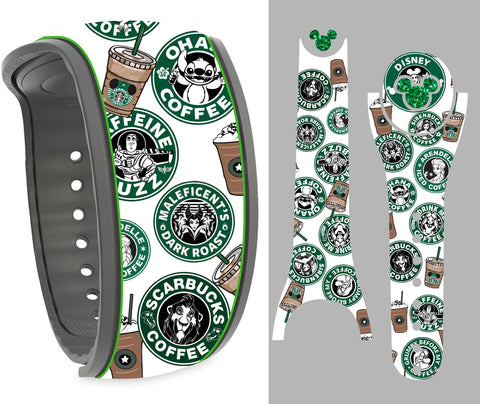 But First Coffee / Iced Coffee FULL BAND WRAP w/ Ultra Sparkle Green Ears - Magic Band Skin Vinyl Decal