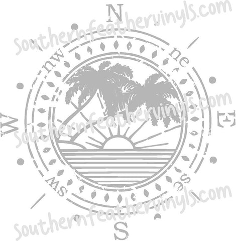Compass Rose Sunset and Palm Trees Vinyl Decal, Nautical Compass (Hood or Window)
